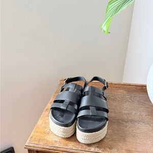 Burberry Black Leather Platform Espadrille Sandals